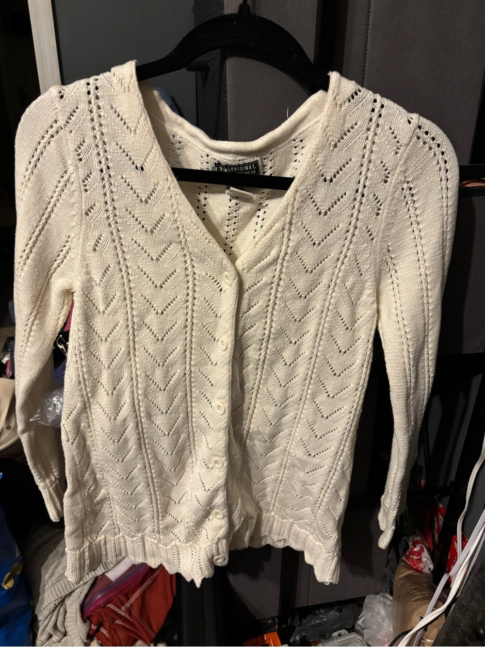 Route  66 Cream Pointelle Knit Button-Front Sweater Cardigan Large